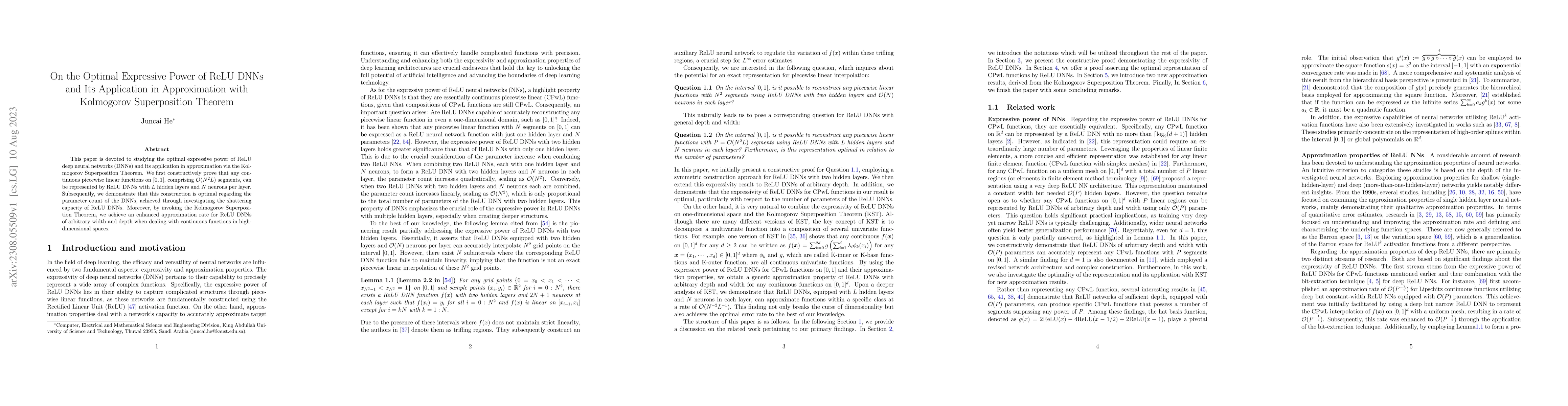 Thumbnail for On the Optimal Expressive Power of ReLU DNNs and Its Application in
  Approximation with Kolmogorov Superposition Theorem