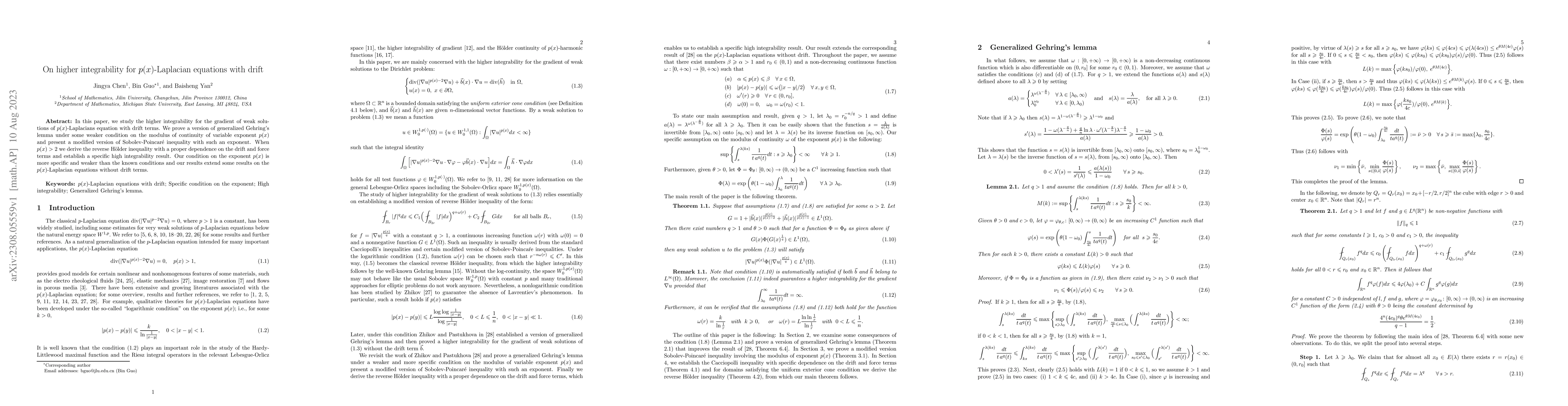 Thumbnail for On higher integrability for $p(x)$-Laplacian equations with drift