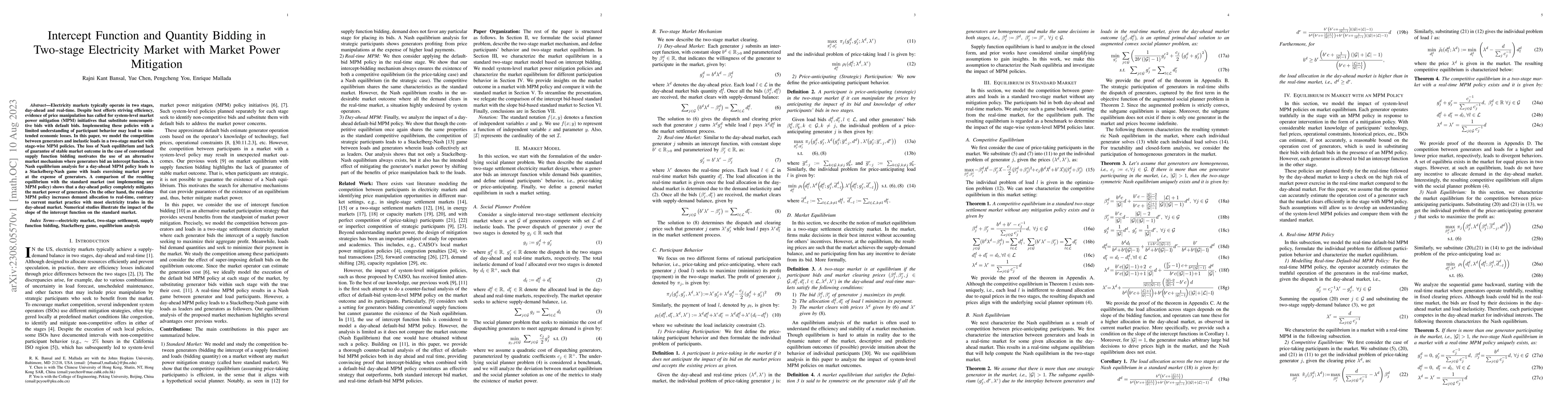 Thumbnail for Intercept Function and Quantity Bidding in Two-stage Electricity Market
  with Market Power Mitigation