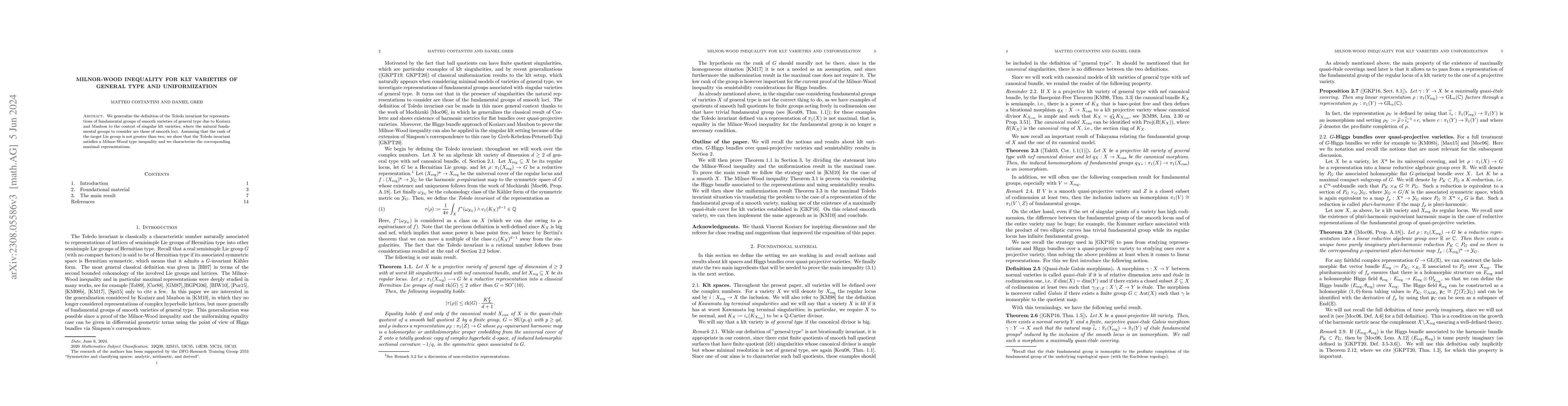 Thumbnail for Milnor-Wood inequality for klt varieties of general type and
  uniformization