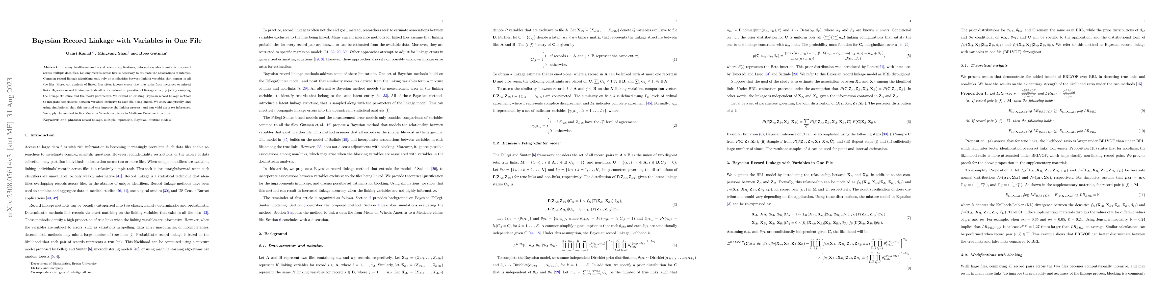 Thumbnail for Bayesian Record Linkage with Variables in One File