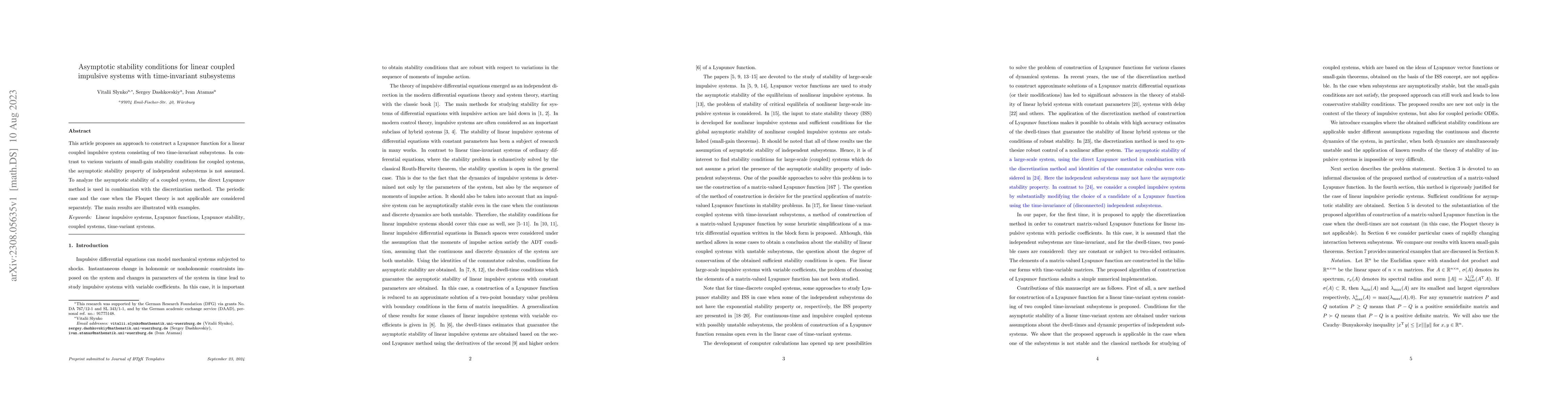 Thumbnail for Asymptotic stability conditions for linear coupled impulsive systems
  with time-invariant subsystems