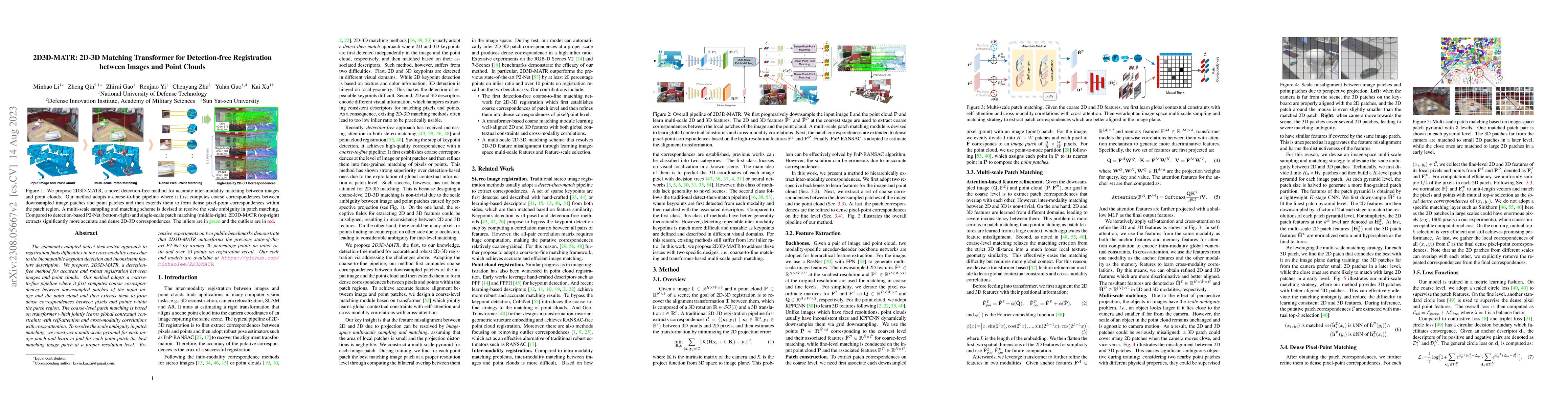 Thumbnail for 2D3D-MATR: 2D-3D Matching Transformer for Detection-free Registration
  between Images and Point Clouds