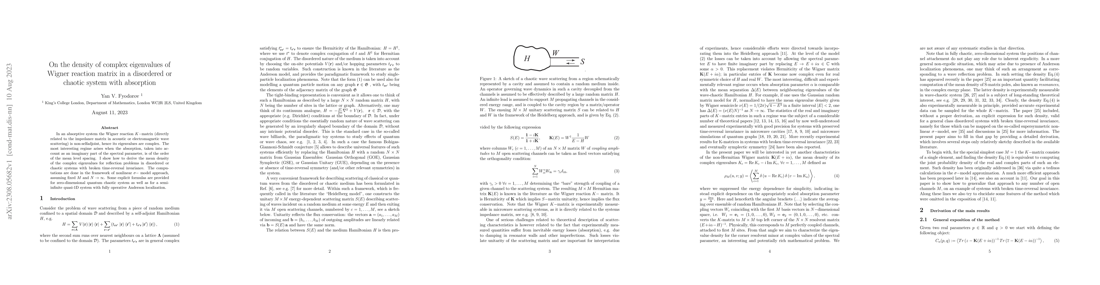 Thumbnail for On the density of complex eigenvalues of Wigner reaction matrix in a
  disordered or chaotic system with absorption