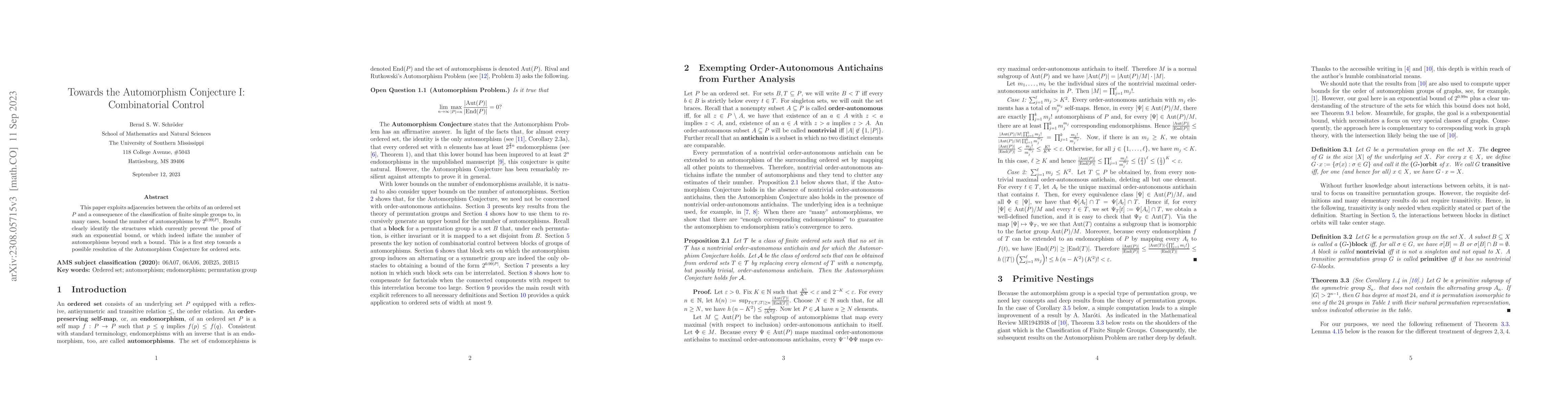 Thumbnail for Towards the Automorphism Conjecture I: Combinatorial Control