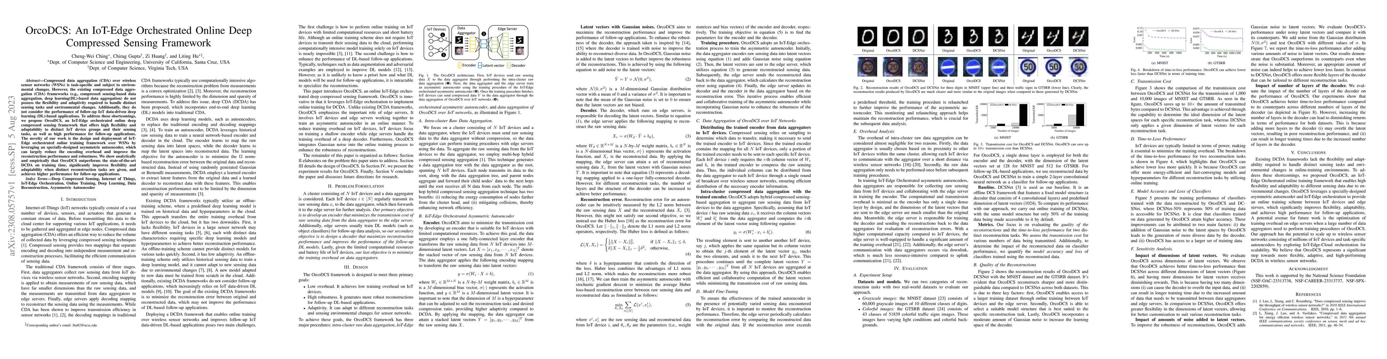 Thumbnail for OrcoDCS: An IoT-Edge Orchestrated Online Deep Compressed Sensing
  Framework