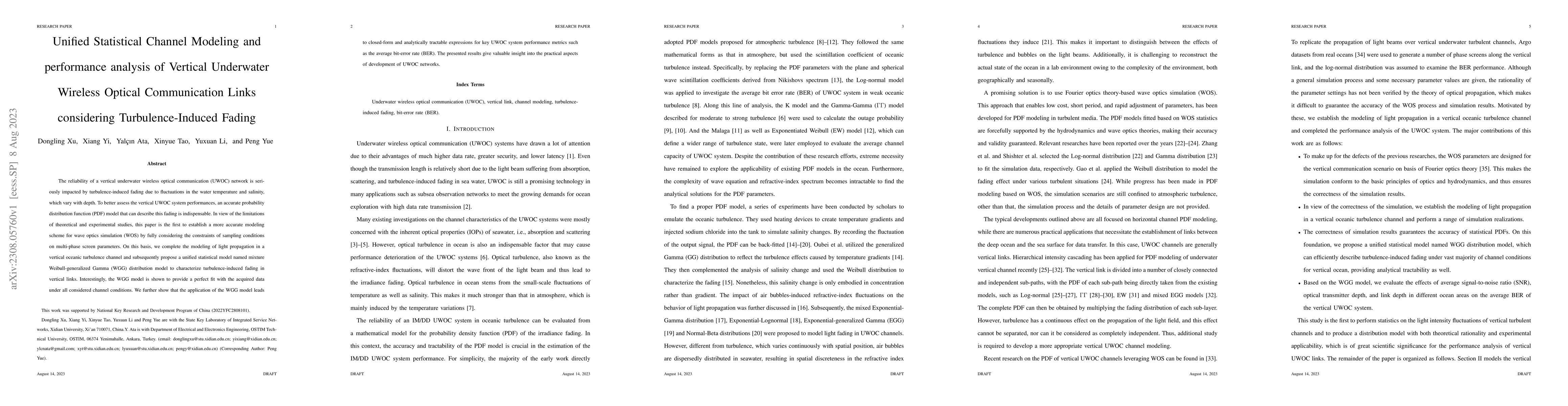 Thumbnail for Unified Statistical Channel Modeling and performance analysis of
  Vertical Underwater Wireless Optical Communication Links considering
  Turbulence-Induced Fading