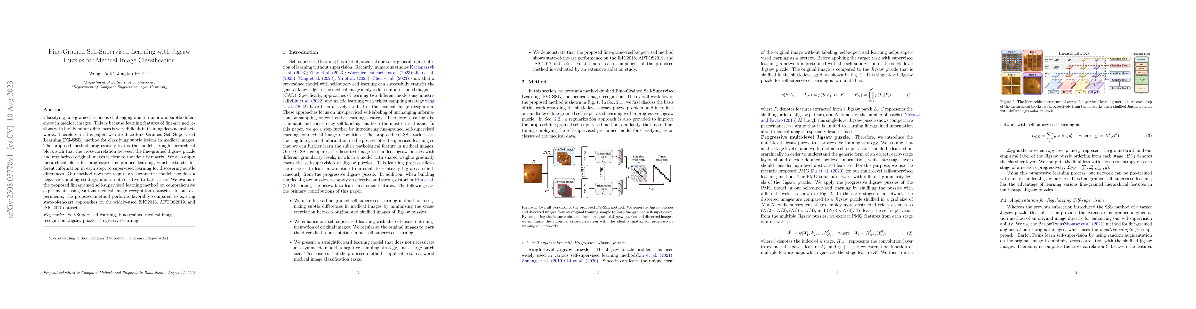 Thumbnail for Fine-Grained Self-Supervised Learning with Jigsaw Puzzles for Medical
  Image Classification
