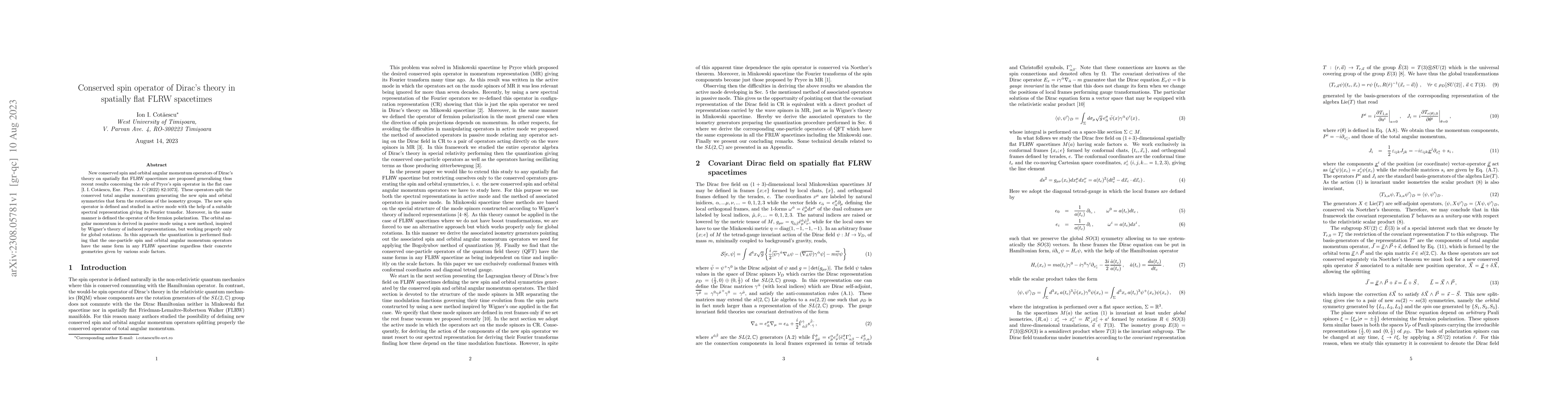 Thumbnail for Conserved spin operator of Dirac's theory in spatially flat FLRW
  spacetimes