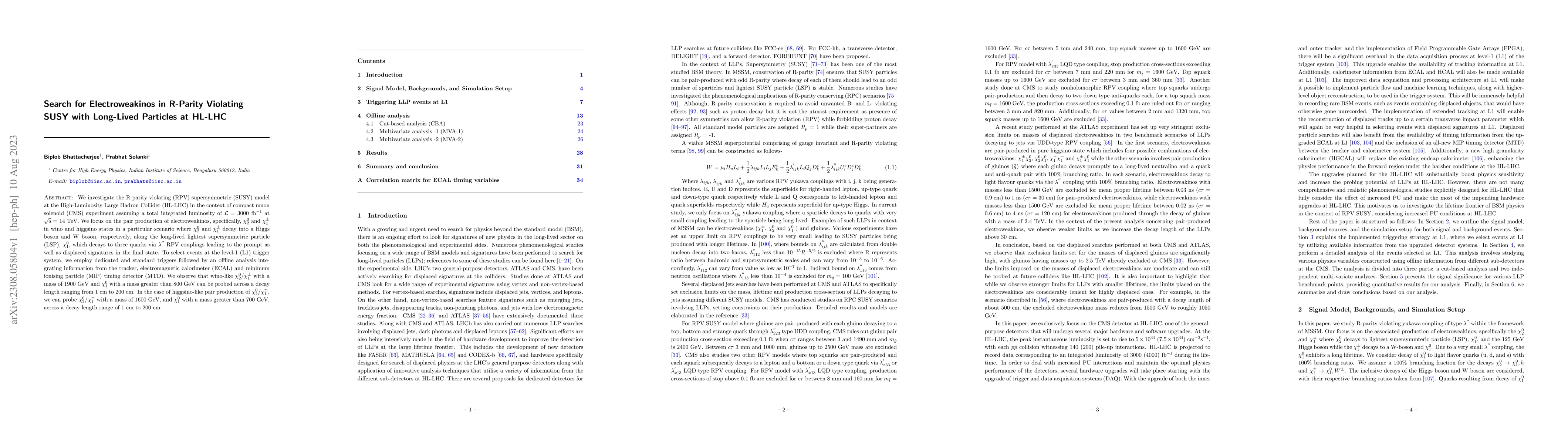 Thumbnail for Search for Electroweakinos in R-Parity Violating SUSY with Long-Lived
  Particles at HL-LHC