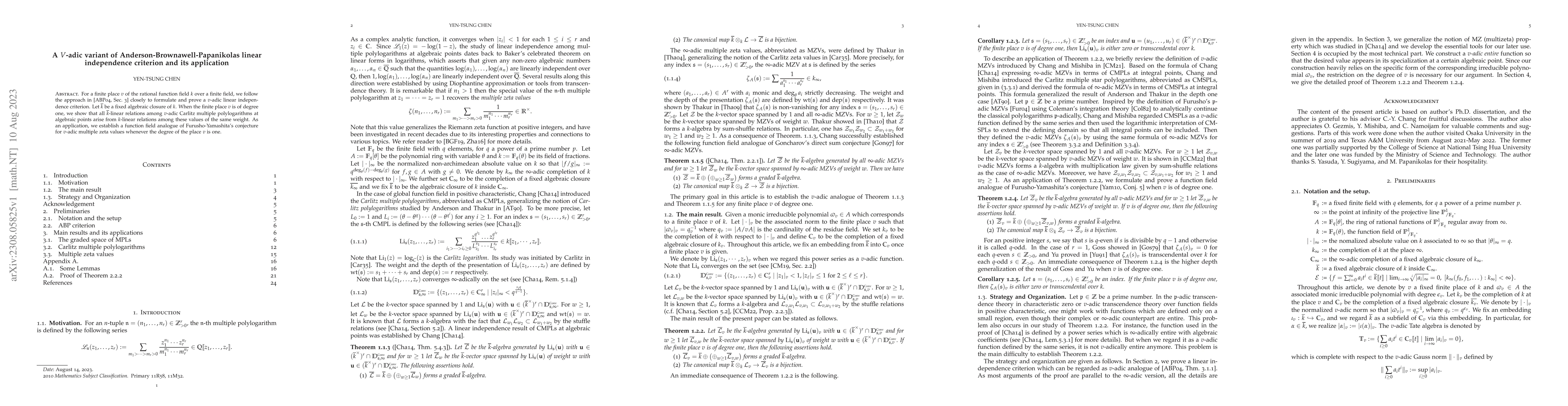 Thumbnail for A $v$-adic variant of Anderson-Brownawell-Papanikolas linear
  independence criterion and its application