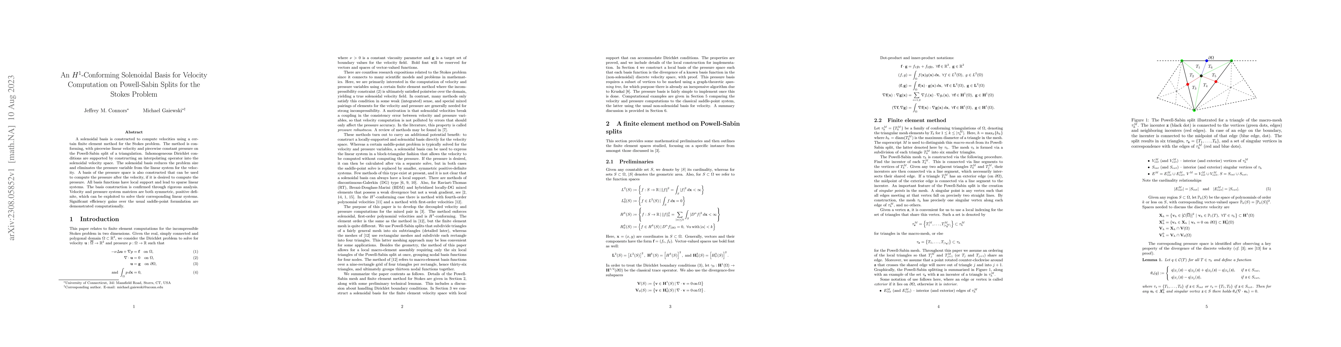 Thumbnail for An H1-Conforming Solenoidal Basis for Velocity Computation on
  Powell-Sabin Splits for the Stokes Problem