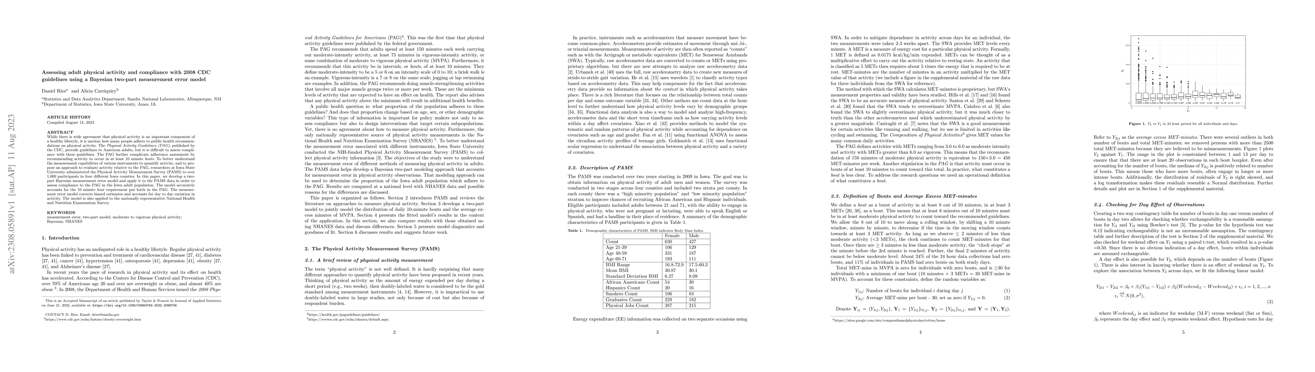 Thumbnail for Assessing adult physical activity and compliance with 2008 CDC
  guidelines using a Bayesian two-part measurement error model