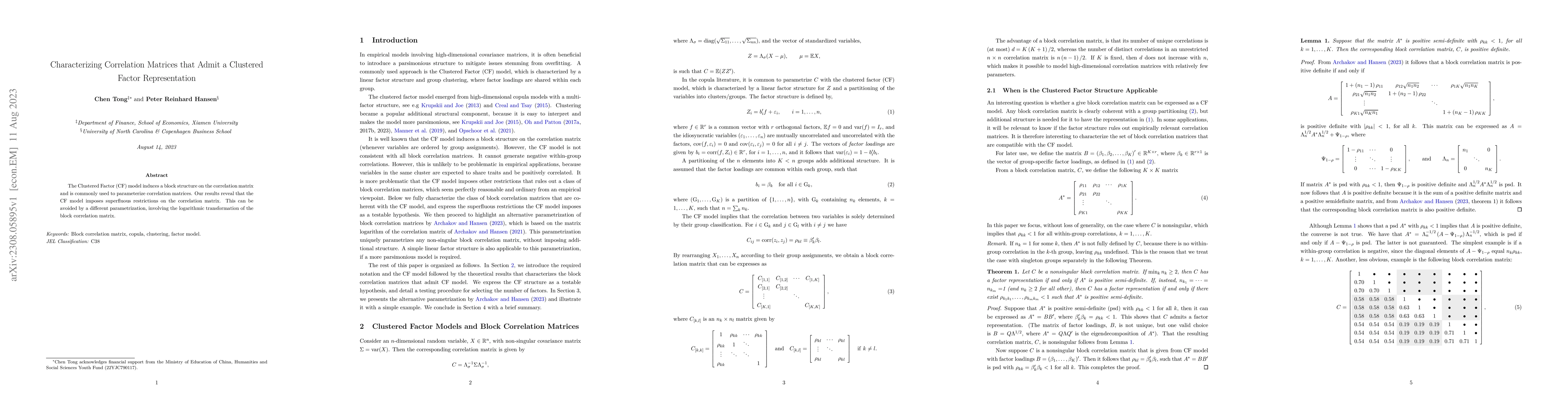 Thumbnail for Characterizing Correlation Matrices that Admit a Clustered Factor
  Representation