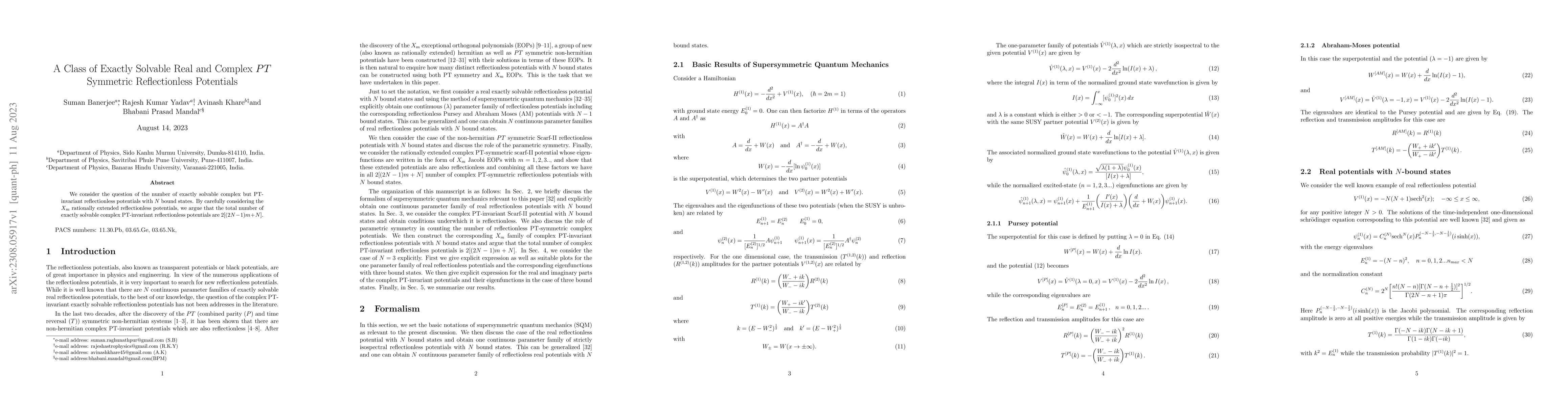 Thumbnail for A Class of Exactly Solvable Real and Complex $PT$ Symmetric
  Reflectionless Potentials