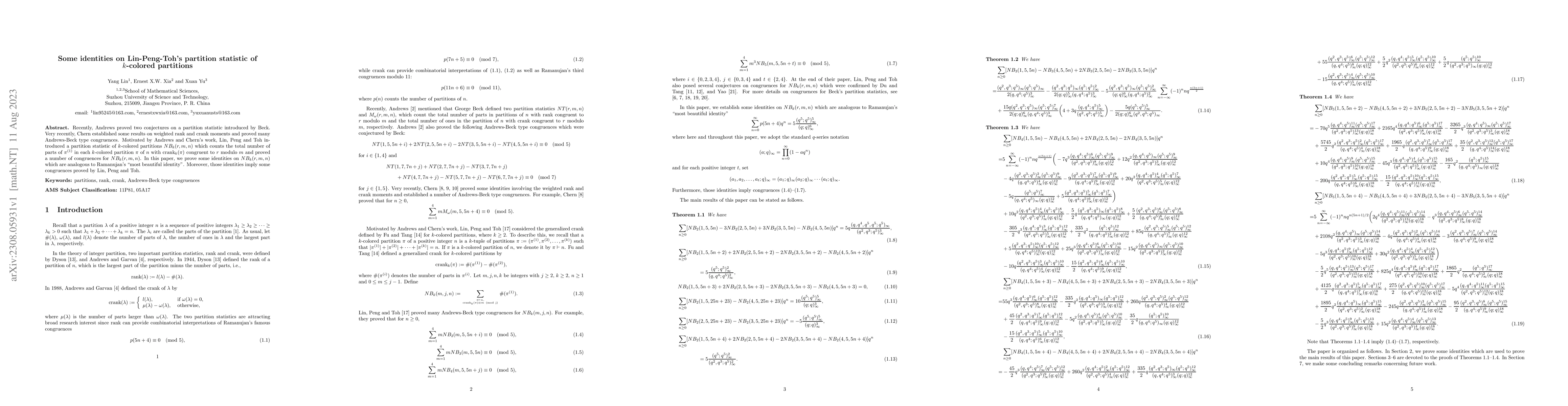 Thumbnail for Some identities on Lin-Peng-Toh's partition statistic of $k$-colored
  partitions