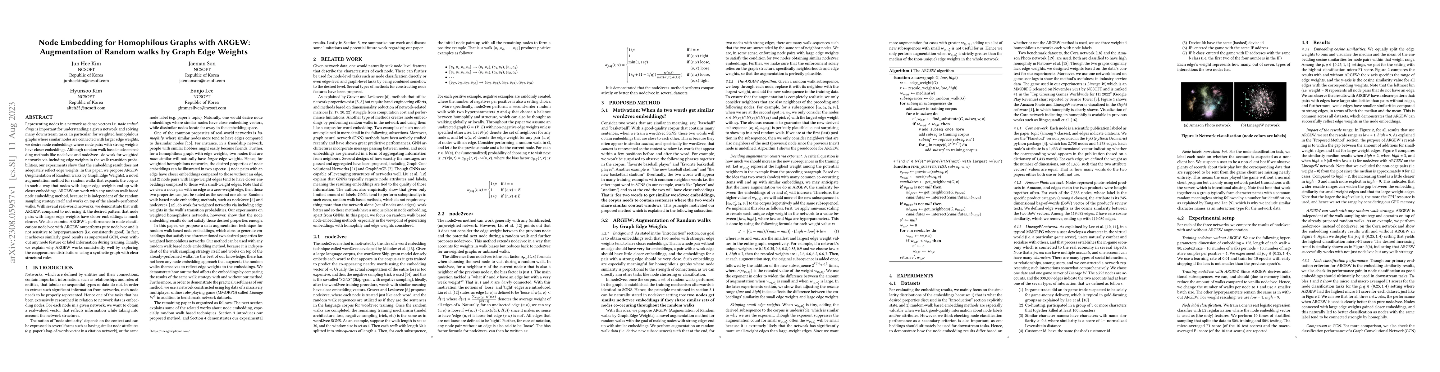 Thumbnail for Node Embedding for Homophilous Graphs with ARGEW: Augmentation of Random
  walks by Graph Edge Weights