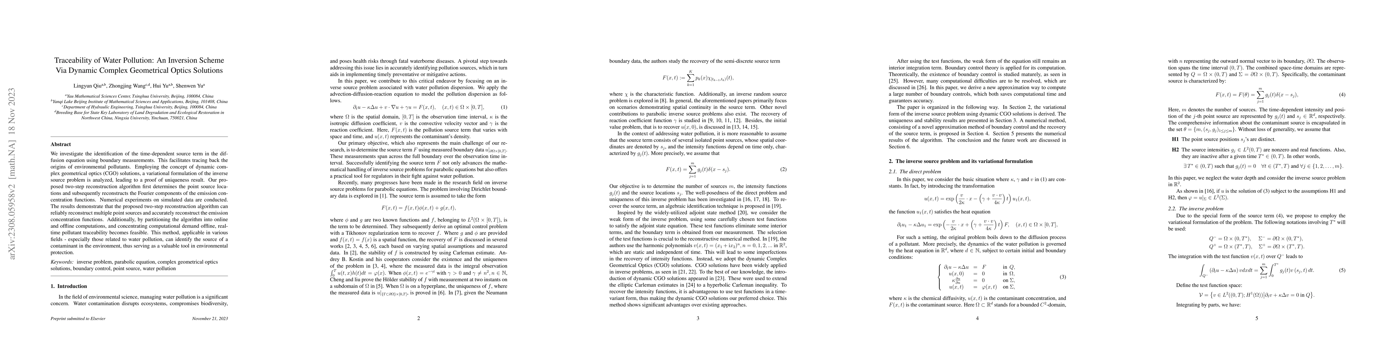 Thumbnail for Traceability of Water Pollution: An Inversion Scheme Via Dynamic Complex
  Geometrical Optics Solutions