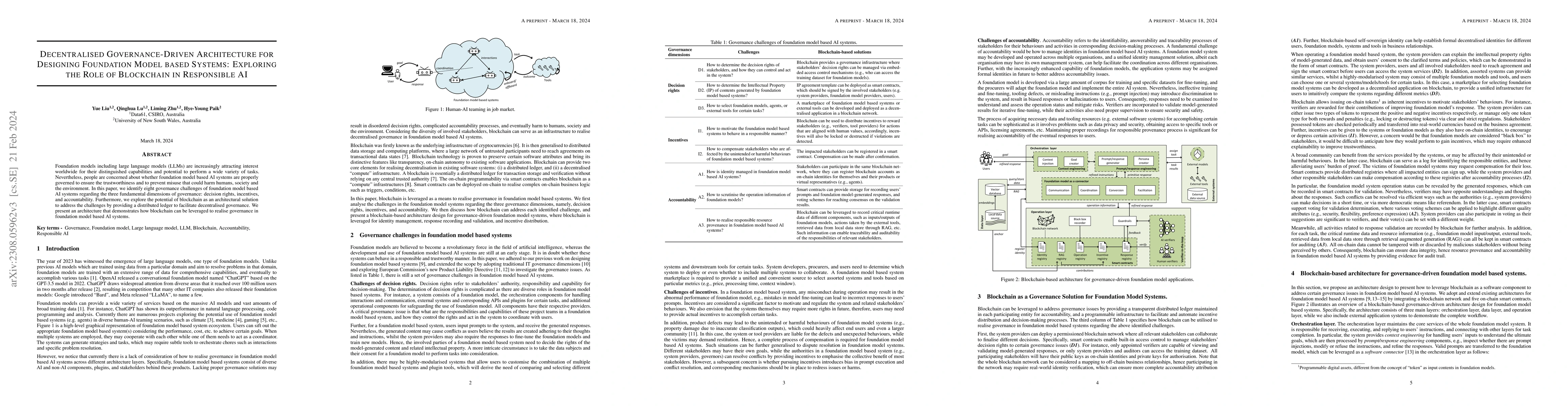 Thumbnail for Decentralised Governance-Driven Architecture for Designing Foundation
  Model based Systems: Exploring the Role of Blockchain in Responsible AI