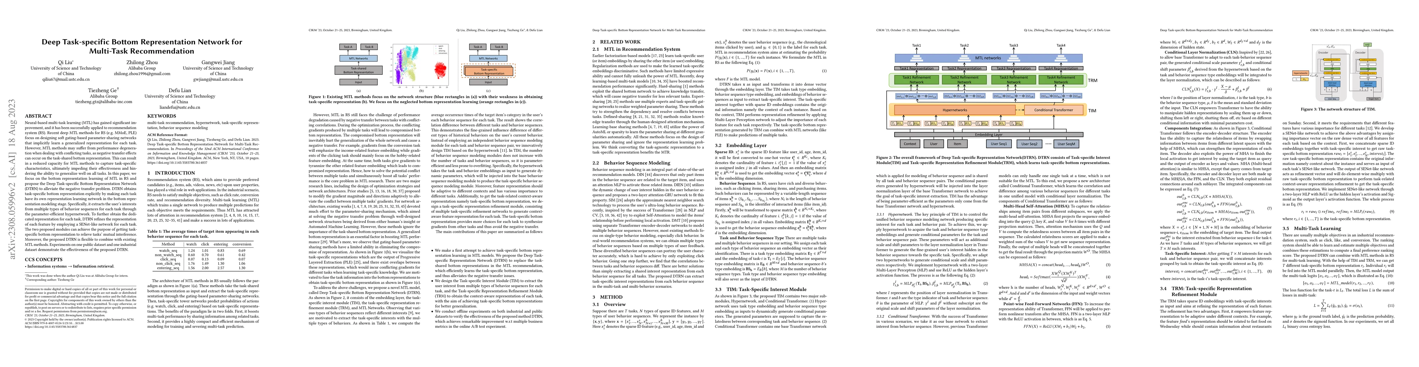 Thumbnail for Deep Task-specific Bottom Representation Network for Multi-Task
  Recommendation