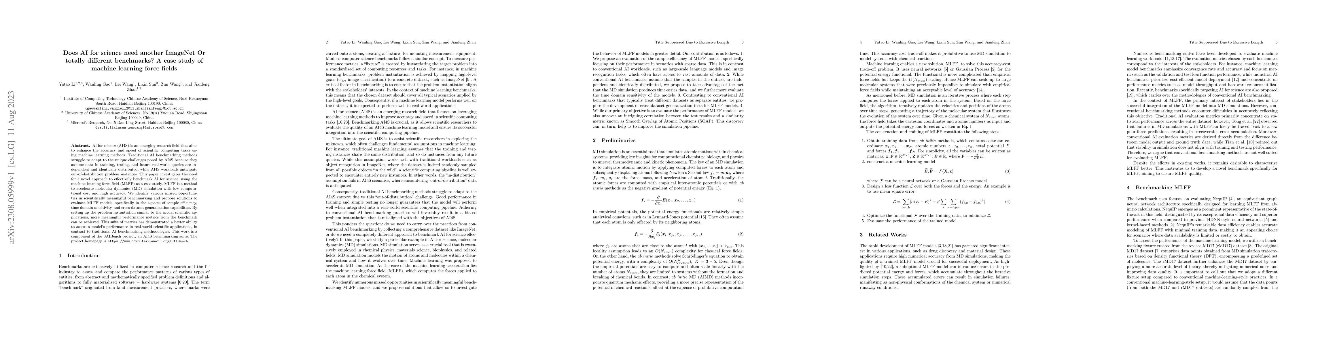 Thumbnail for Does AI for science need another ImageNet Or totally different
  benchmarks? A case study of machine learning force fields