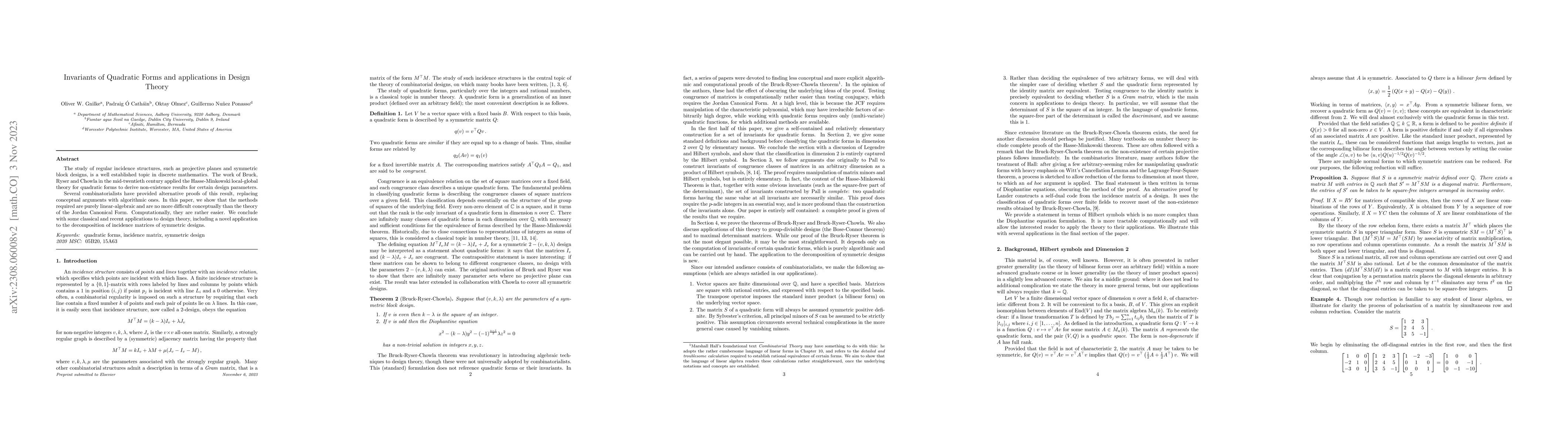 Thumbnail for Invariants of Quadratic Forms and applications in Design Theory