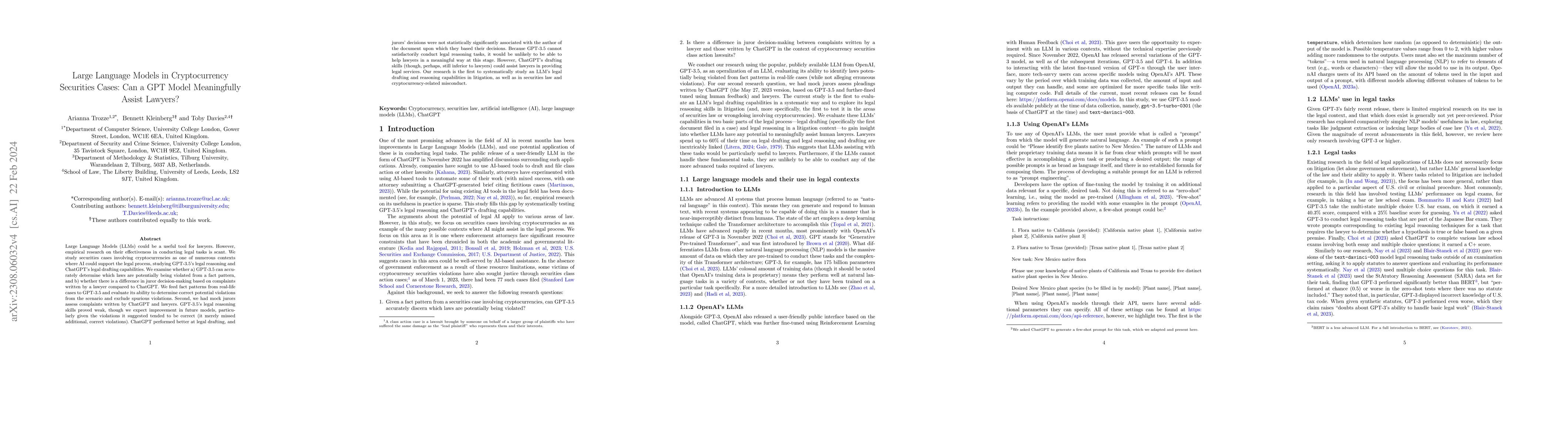 Thumbnail for Large Language Models in Cryptocurrency Securities Cases: Can a GPT
  Model Meaningfully Assist Lawyers?