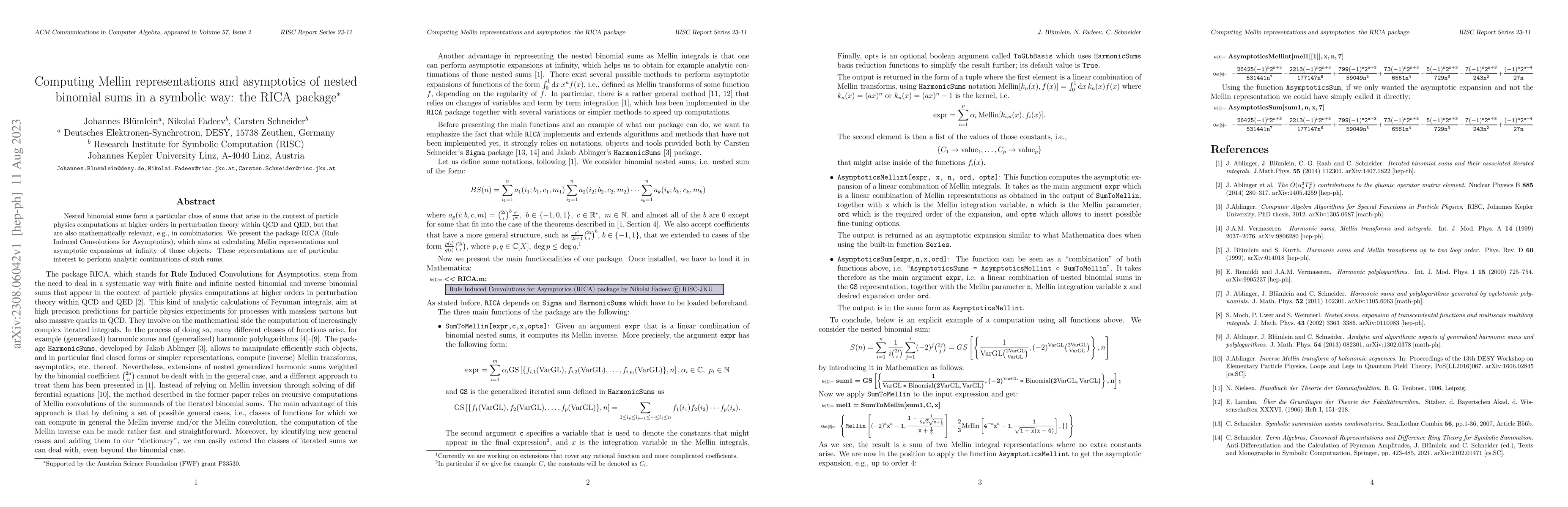 Thumbnail for Computing Mellin representations and asymptotics of nested binomial sums
  in a symbolic way: the RICA package