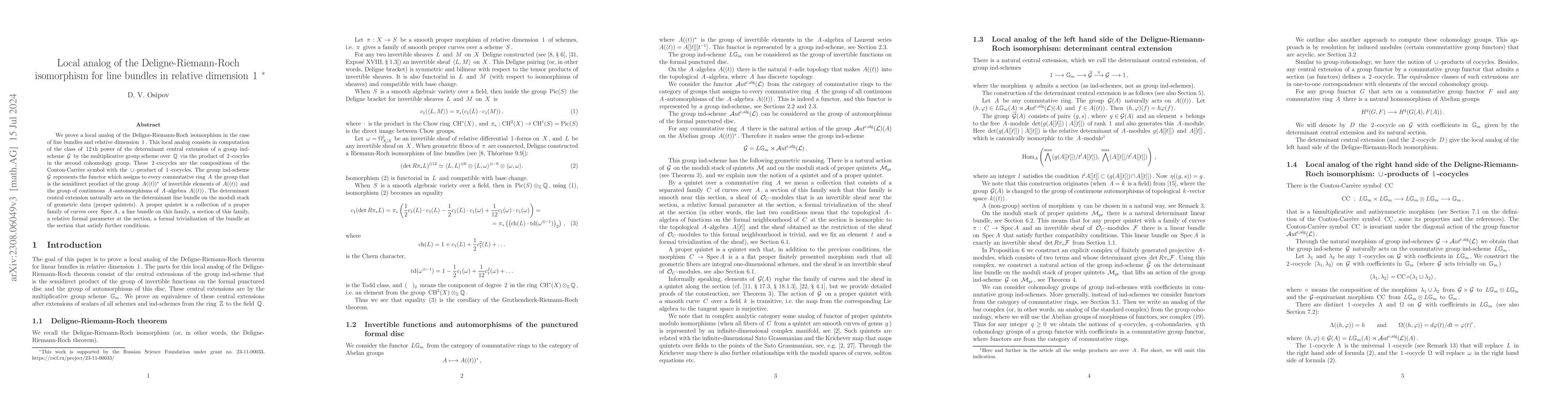 Thumbnail for Local analog of the Deligne-Riemann-Roch isomorphism for line bundles in
  relative dimension $1$