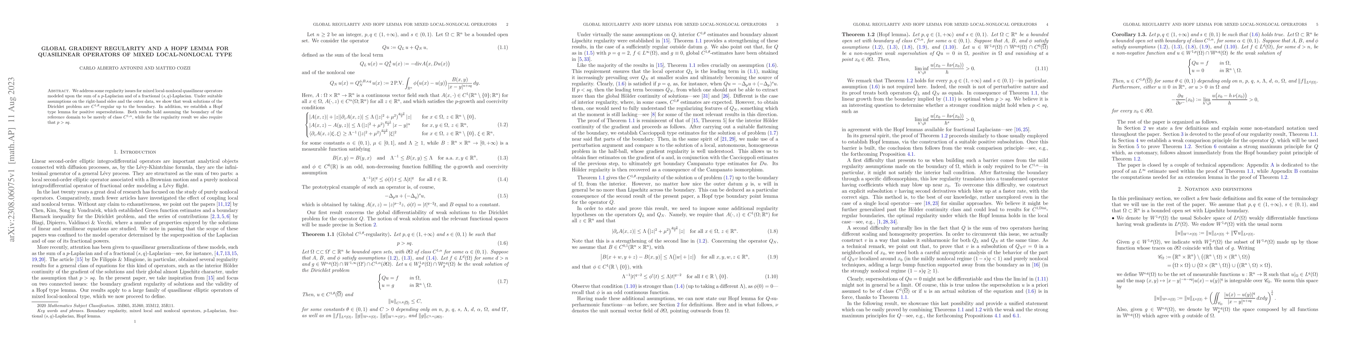 Thumbnail for Global gradient regularity and a Hopf lemma for quasilinear operators of
  mixed local-nonlocal type