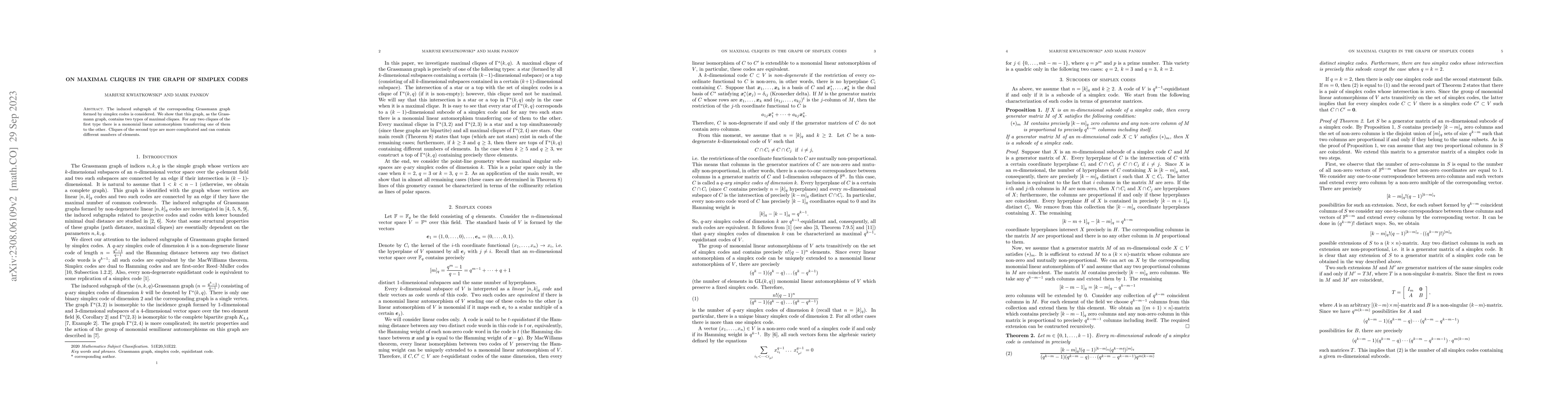 Thumbnail for On maximal cliques in the graph of simplex codes