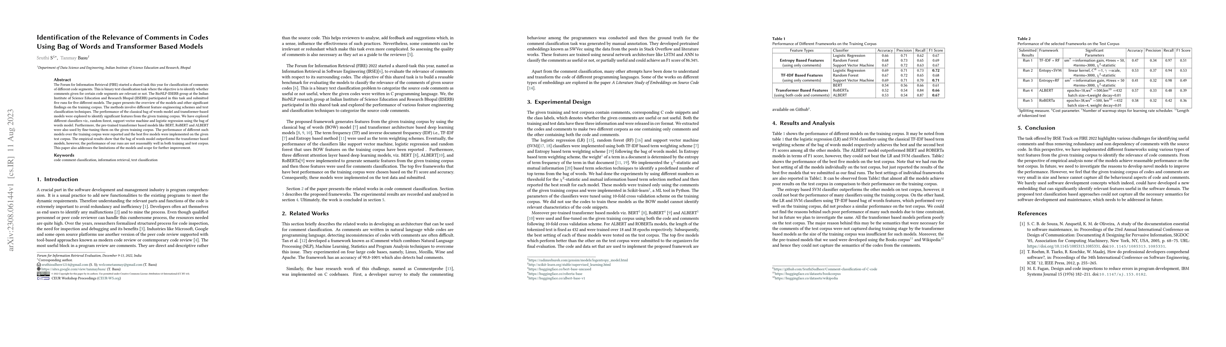 Thumbnail for Identification of the Relevance of Comments in Codes Using Bag of Words
  and Transformer Based Models