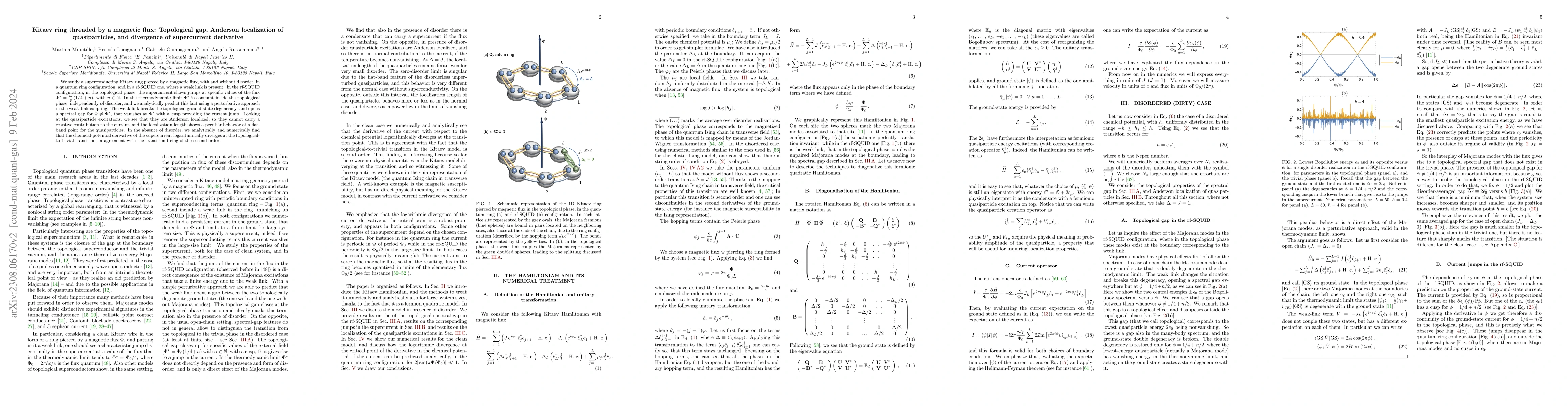 Thumbnail for Kitaev ring threaded by a magnetic flux: Topological gap, Anderson
  localization of quasiparticles, and divergence of supercurrent derivative