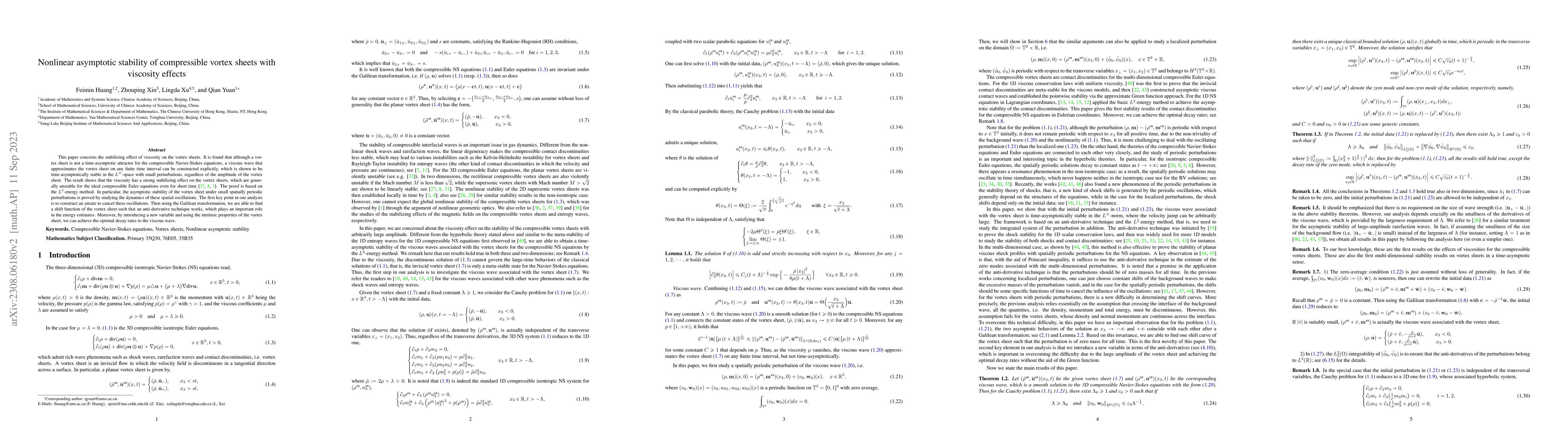 Thumbnail for Nonlinear asymptotic stability of compressible vortex sheets with
  viscosity effects
