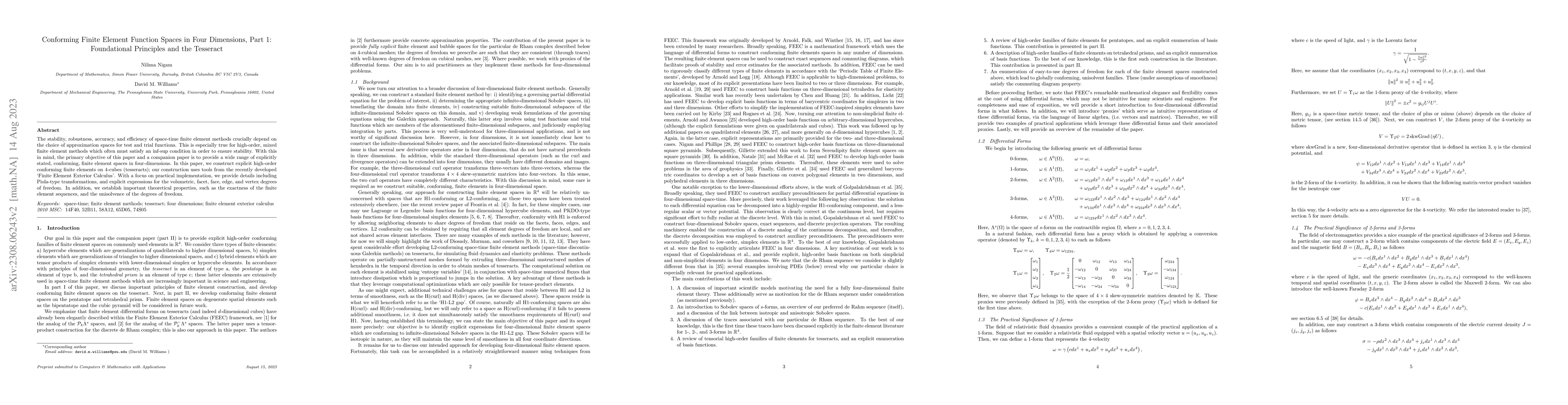 Thumbnail for Conforming Finite Element Function Spaces in Four Dimensions, Part 1:
  Foundational Principles and the Tesseract