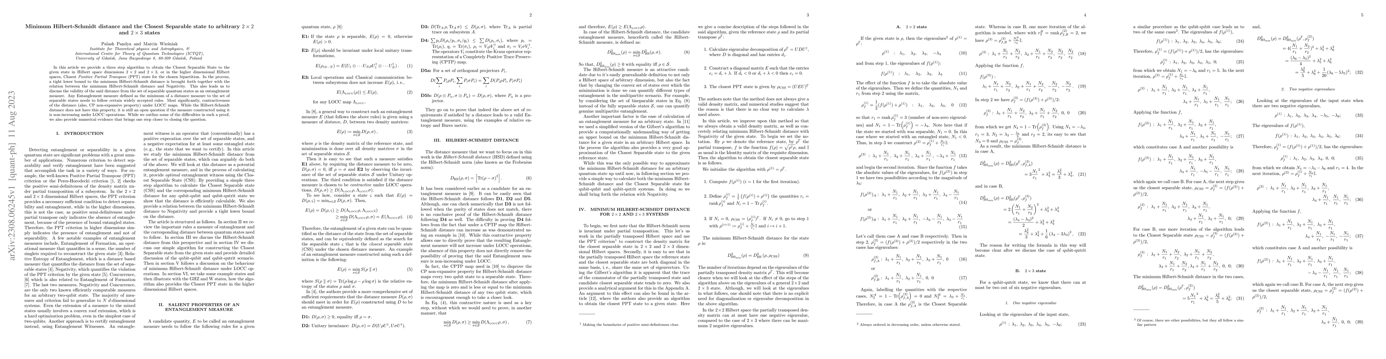 Thumbnail for Minimum Hilbert-Schmidt distance and the Closest Separable state to
  arbitrary $2 \times 2$ and $2 \times 3$ states