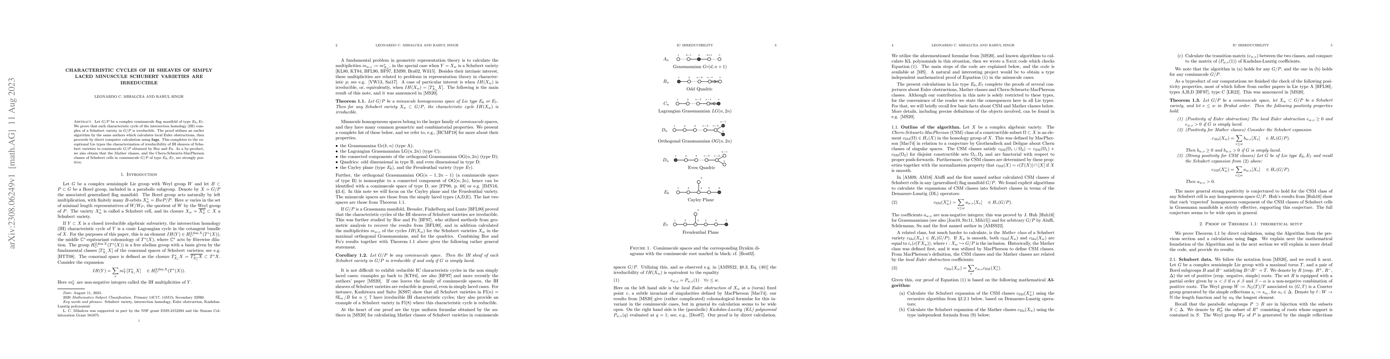 Thumbnail for Characteristic cycles of IH sheaves of simply laced minuscule Schubert
  varieties are irreducible