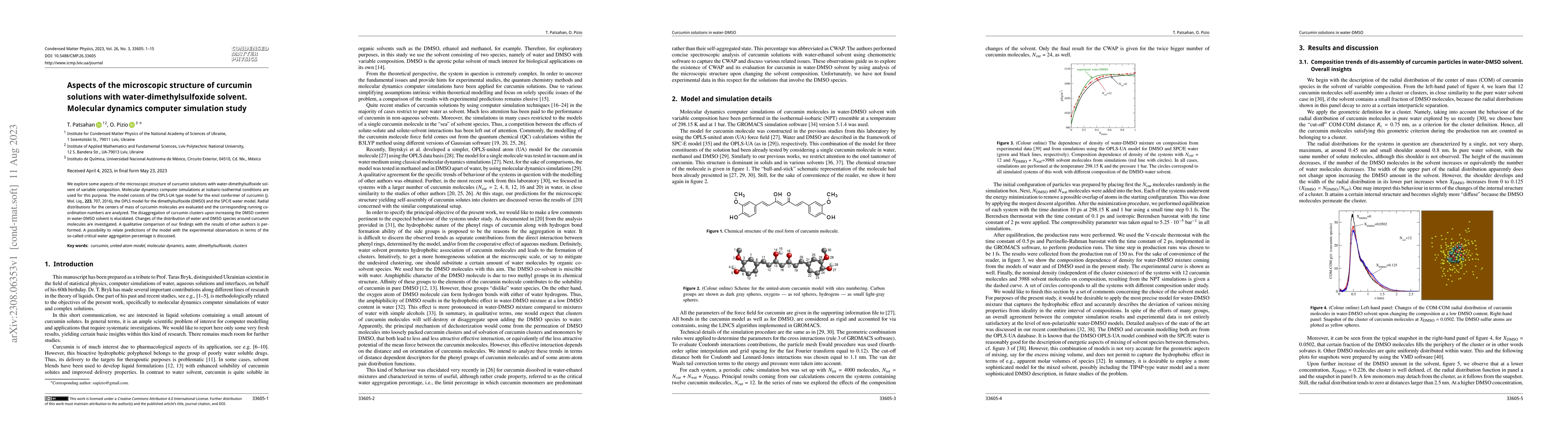 Thumbnail for Aspects of the microscopic structure of curcumin solutions with
  water-dimethylsulfoxide solvent. Molecular dynamics computer simulation study