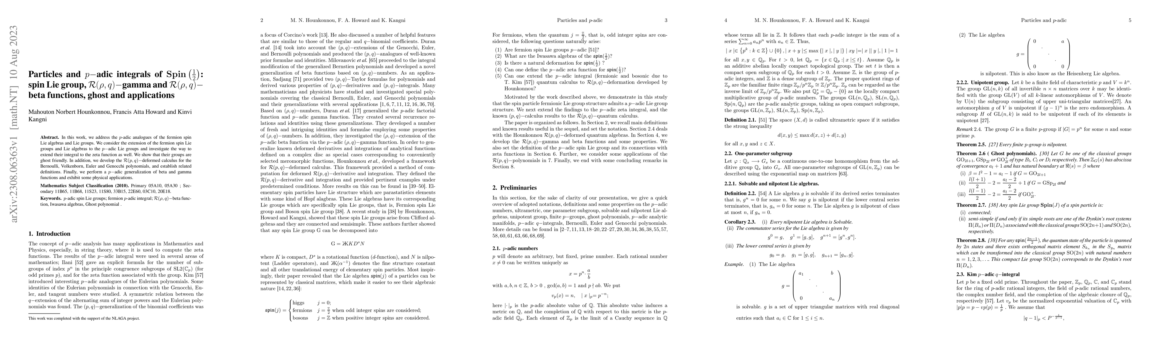 Thumbnail for Particles and $p-$adic integrals of Spin$\left(\frac{1}{2}\right)$: spin
  Lie group, $\mathcal{R}(\rho,q)-$gamma and $\mathcal{R}(\rho,q)-$ beta
  functions, ghost and applications