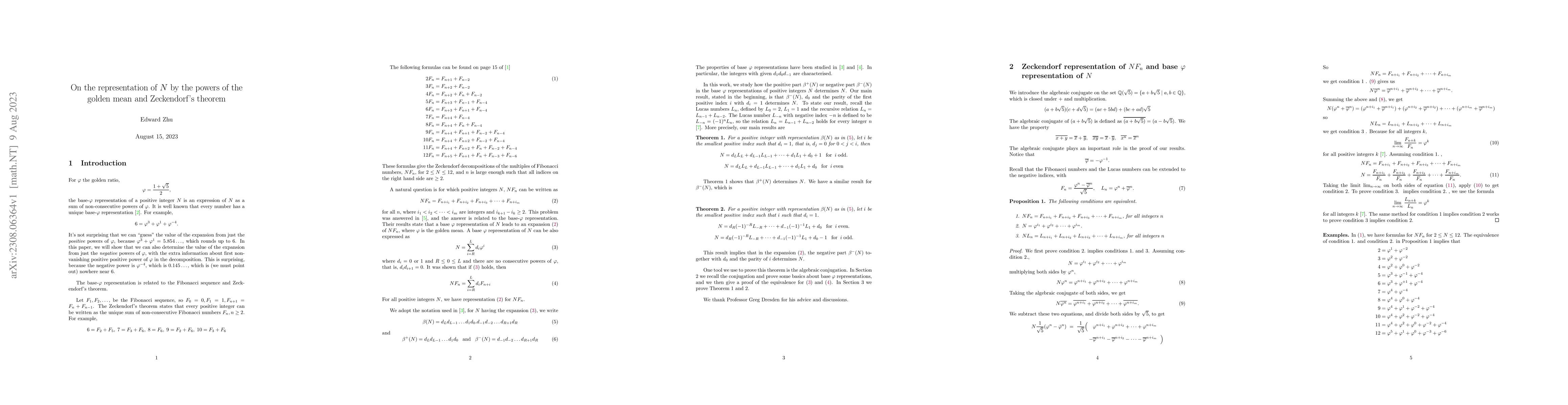 Thumbnail for On the representation of N by the powers of the golden mean and
  Zeckendorf theorem
