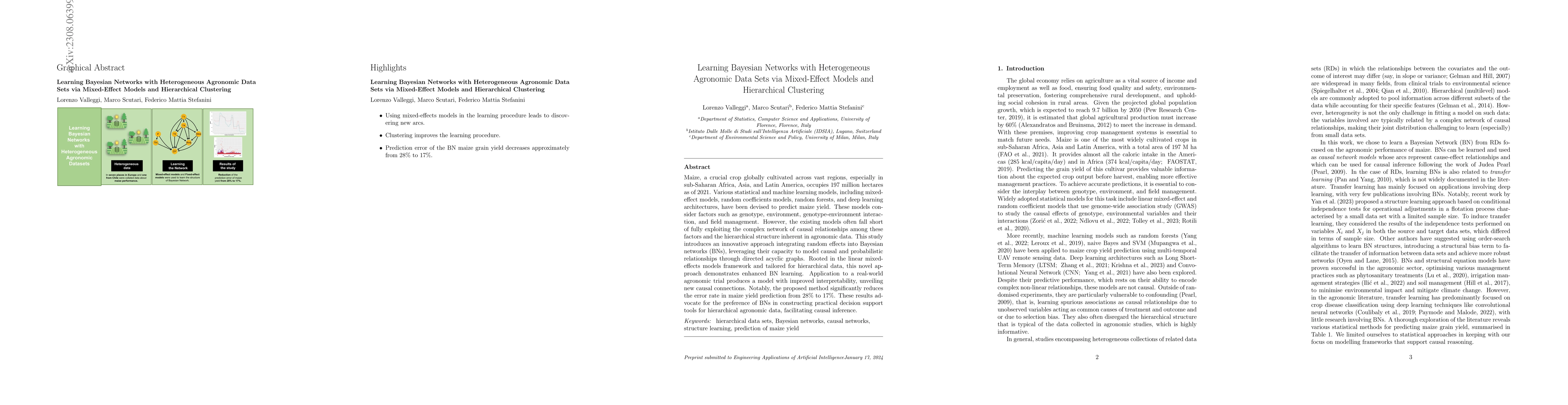 Thumbnail for Learning Bayesian Networks with Heterogeneous Agronomic Data Sets via
  Mixed-Effect Models and Hierarchical Clustering