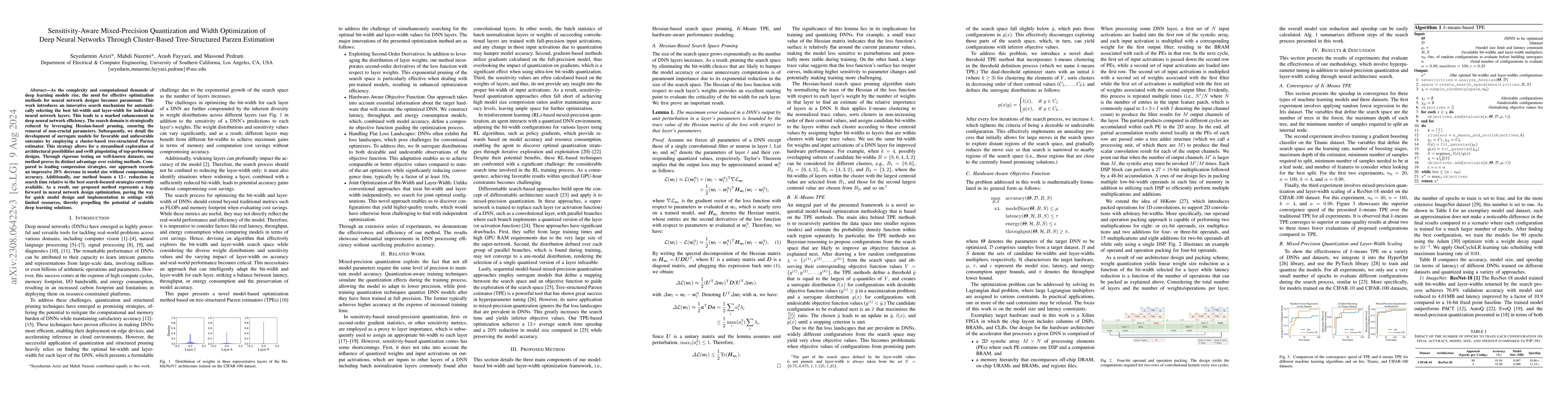 Thumbnail for Sensitivity-Aware Mixed-Precision Quantization and Width Optimization of
  Deep Neural Networks Through Cluster-Based Tree-Structured Parzen Estimation