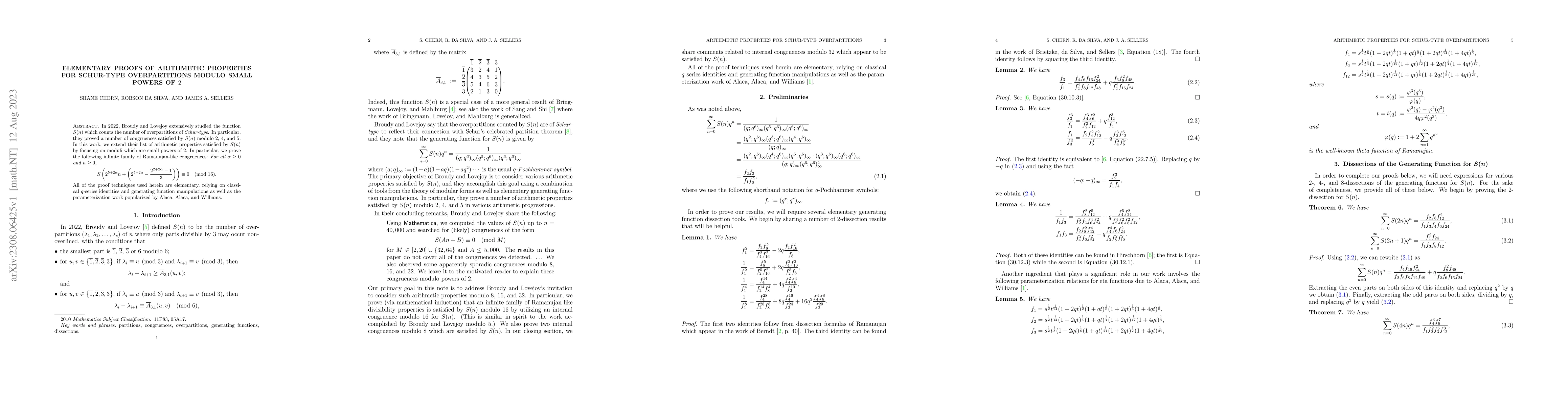 Thumbnail for Elementary Proofs of Arithmetic Properties for Schur-Type Overpartitions
  Modulo Small Powers of 2