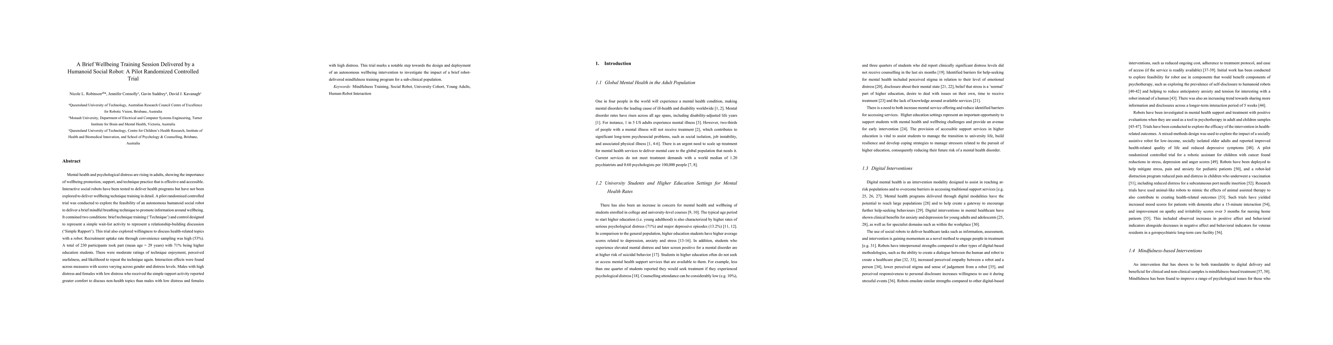 Thumbnail for A Brief Wellbeing Training Session Delivered by a Humanoid Social Robot:
  A Pilot Randomized Controlled Trial