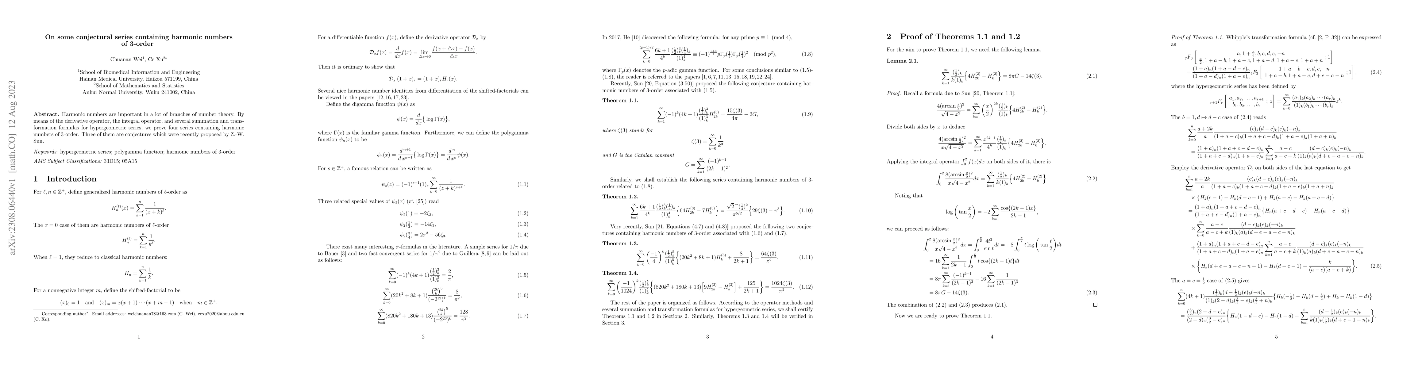 Thumbnail for On some conjectural series containing harmonic numbers of 3-order