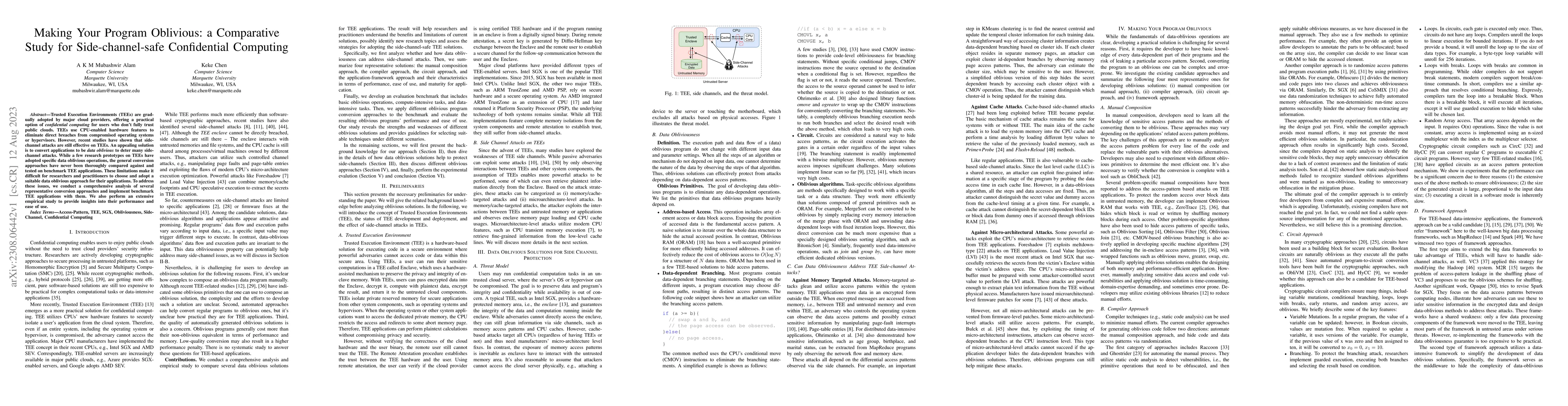Thumbnail for Making Your Program Oblivious: a Comparative Study for Side-channel-safe
  Confidential Computing