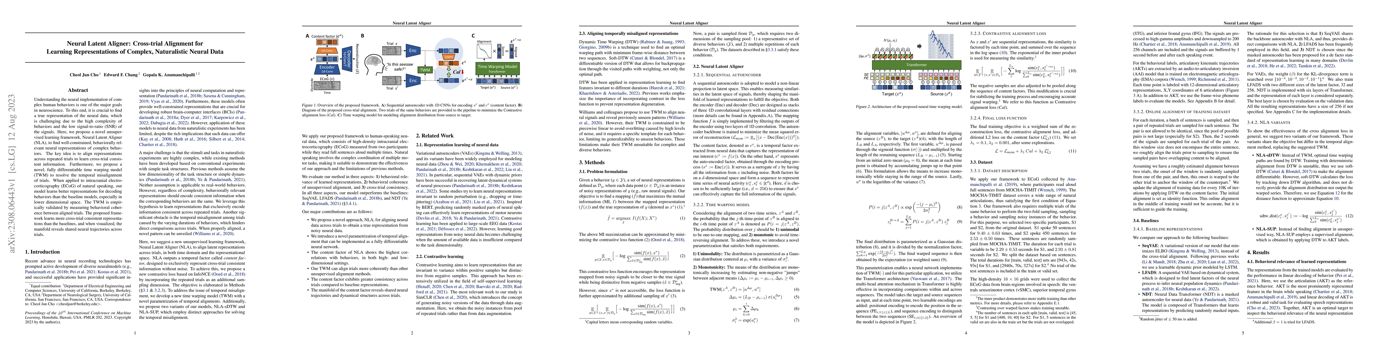Thumbnail for Neural Latent Aligner: Cross-trial Alignment for Learning
  Representations of Complex, Naturalistic Neural Data