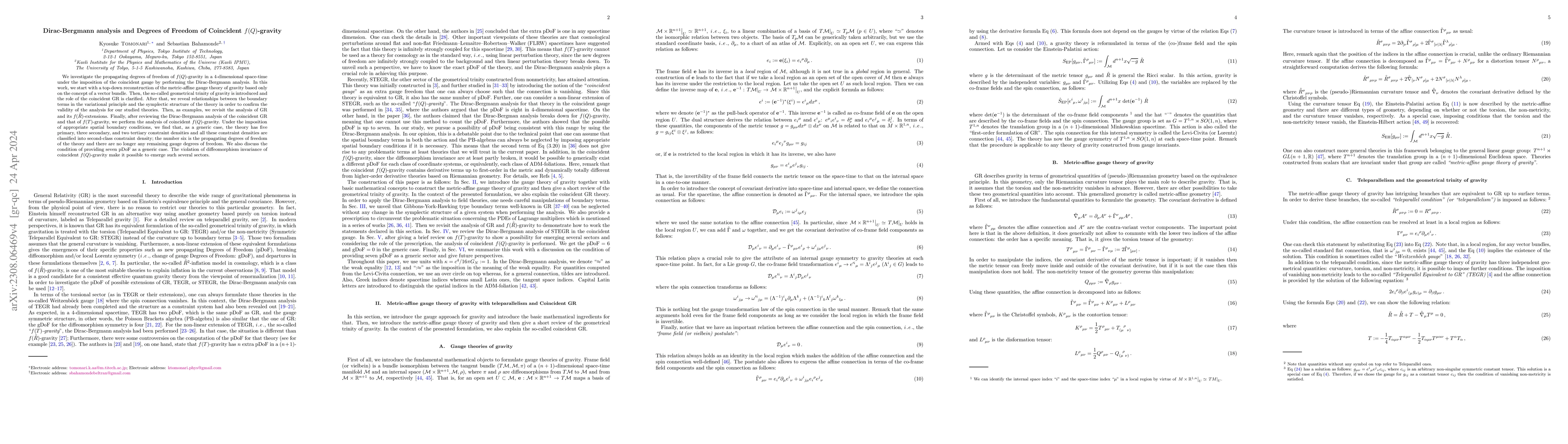 Thumbnail for Dirac-Bergmann analysis and Degrees of Freedom of Coincident
  $f(Q)$-gravity