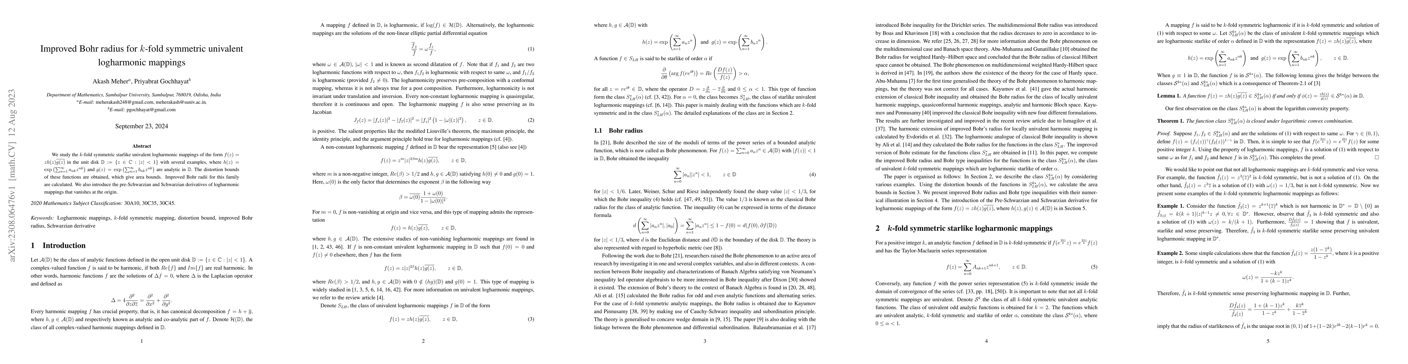 Thumbnail for Improved Bohr radius for $ k$-fold symmetric univalent logharmonic
  mappings