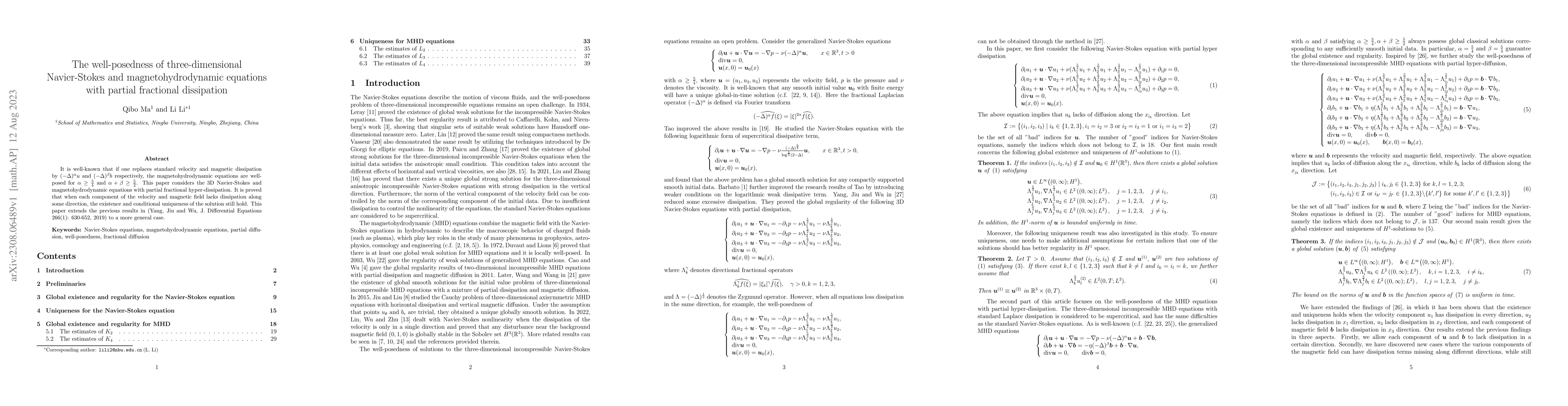 Thumbnail for The well-posedness of three-dimensional Navier-Stokes and
  magnetohydrodynamic equations with partial fractional dissipation